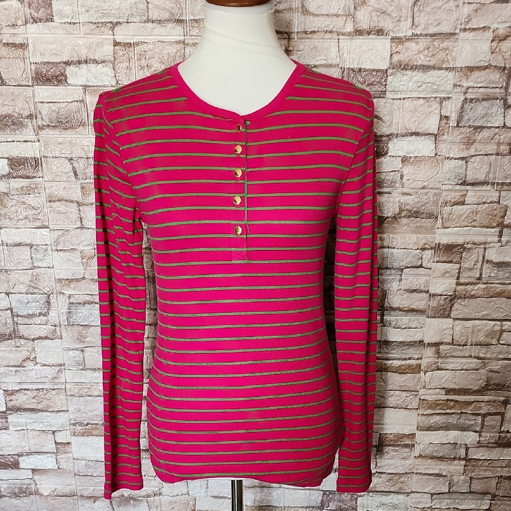 Ralph Lauren Hot Pink Striped Long-Sleeve Henley Top Brand New